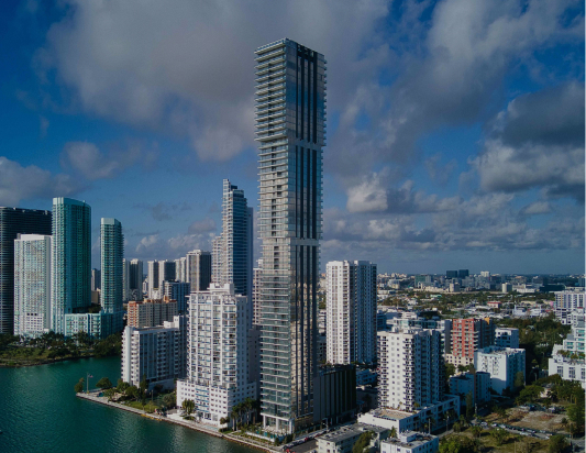 Aerial view of Edgewater waterfront with modern high-rise condos