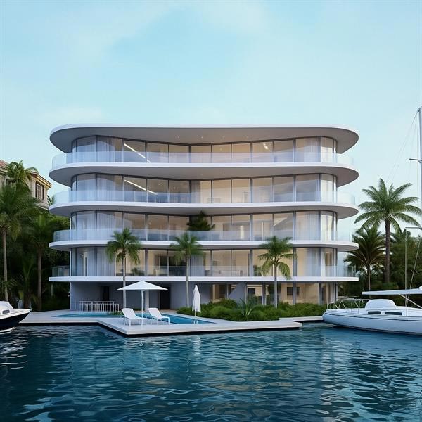 Modern waterfront condominium building in South Florida with pool and ocean views
