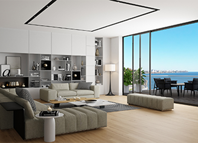 Spacious modern living room with ocean views and floor-to-ceiling windows