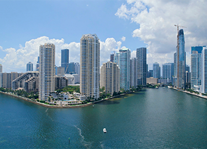 Miami skyline view with waterfront high-rise buildings