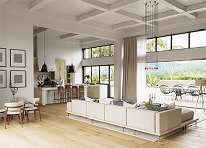 Bright open-plan living space with modern kitchen and outdoor terrace